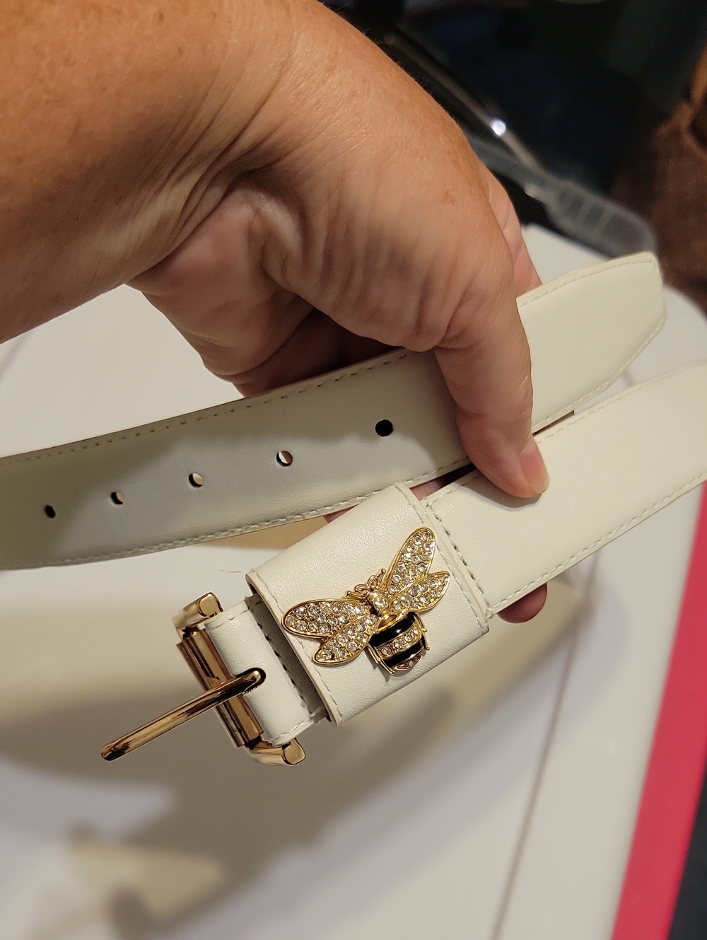 NWT Steve Madden White Women's Leather Belt with Gold and Crystal Bee Accent